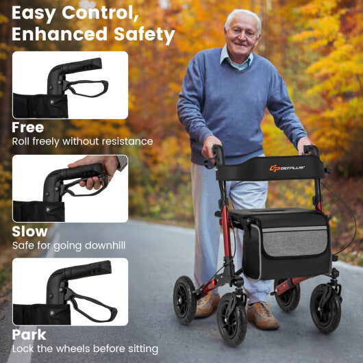 Goplus Walker for Seniors Folding Rollator Walker with 9" Pneumatic Tires for All Terrain Red W2B