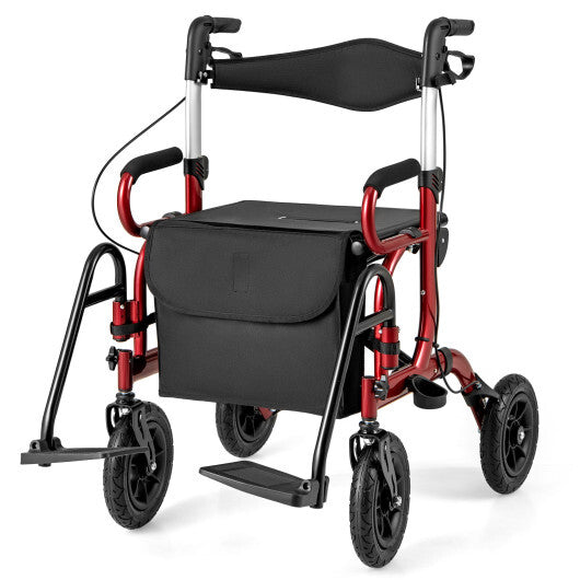 2-in-1 Foldable Rollator Walker with Seat abd 9 Inch Pneumatic Tires for Seniors-Red