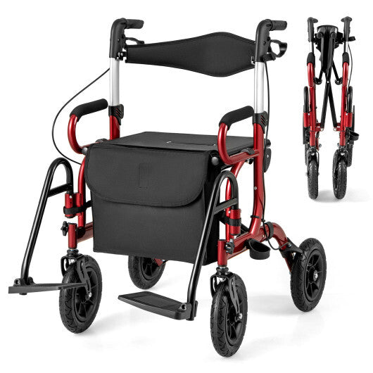 2-in-1 Foldable Rollator Walker with Seat abd 9 Inch Pneumatic Tires for Seniors-Red