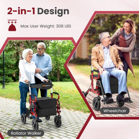 2-in-1 Foldable Rollator Walker with Seat abd 9 Inch Pneumatic Tires for Seniors-Red