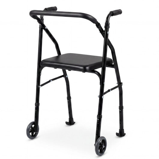 Lightweight Aluminum Mobility Walker for Seniors with 2 Wheels 5-Level Adjustable Height and Padded Seat-Black W2B