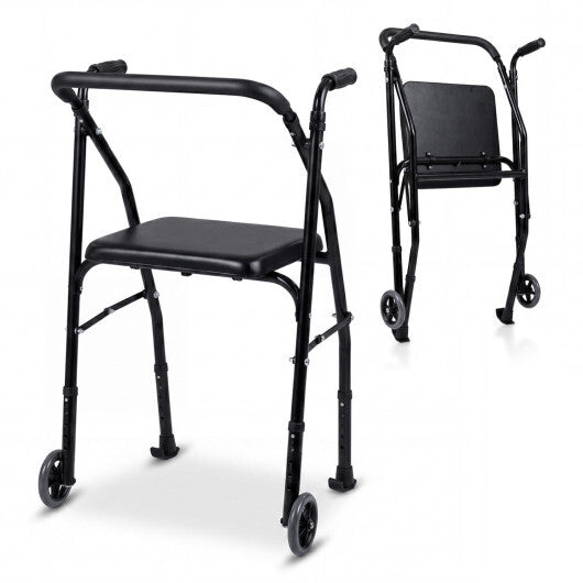 Lightweight Aluminum Mobility Walker for Seniors with 2 Wheels 5-Level Adjustable Height and Padded Seat-Black W2B