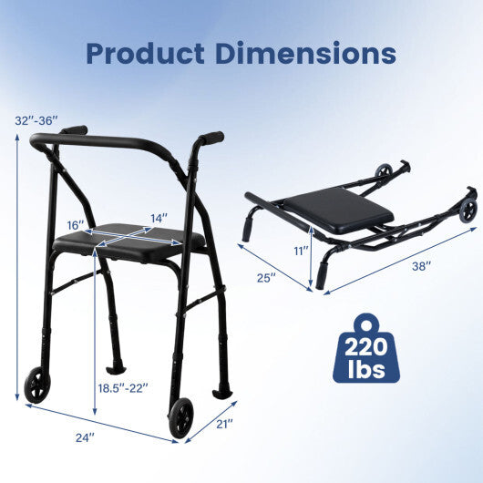 Lightweight Aluminum Mobility Walker for Seniors with 2 Wheels 5-Level Adjustable Height and Padded Seat-Black W2B