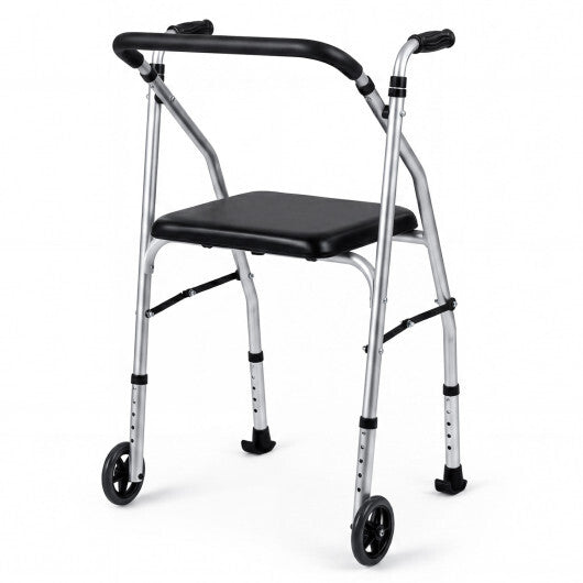 Lightweight Aluminum Mobility Walker for Seniors with 2 Wheels 5-Level Adjustable Height and Padded Seat-Black W2B