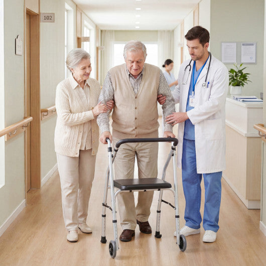 Lightweight Aluminum Mobility Walker for Seniors with 2 Wheels 5-Level Adjustable Height and Padded Seat-Black W2B