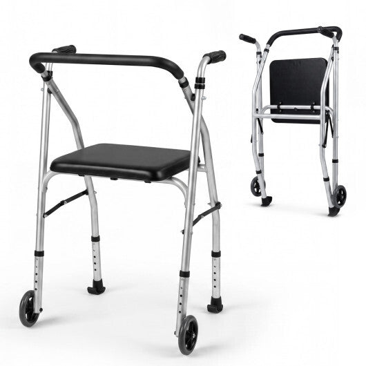 Lightweight Aluminum Mobility Walker for Seniors with 2 Wheels 5-Level Adjustable Height and Padded Seat-Black W2B