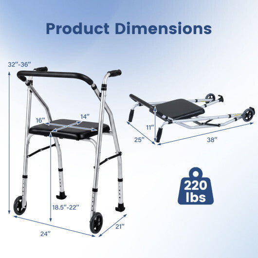 Lightweight Aluminum Mobility Walker for Seniors with 2 Wheels 5-Level Adjustable Height and Padded Seat-Black W2B