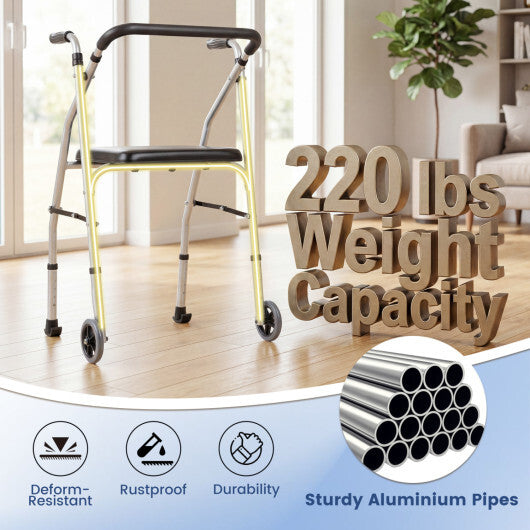 Lightweight Aluminum Mobility Walker for Seniors with 2 Wheels 5-Level Adjustable Height and Padded Seat-Black W2B