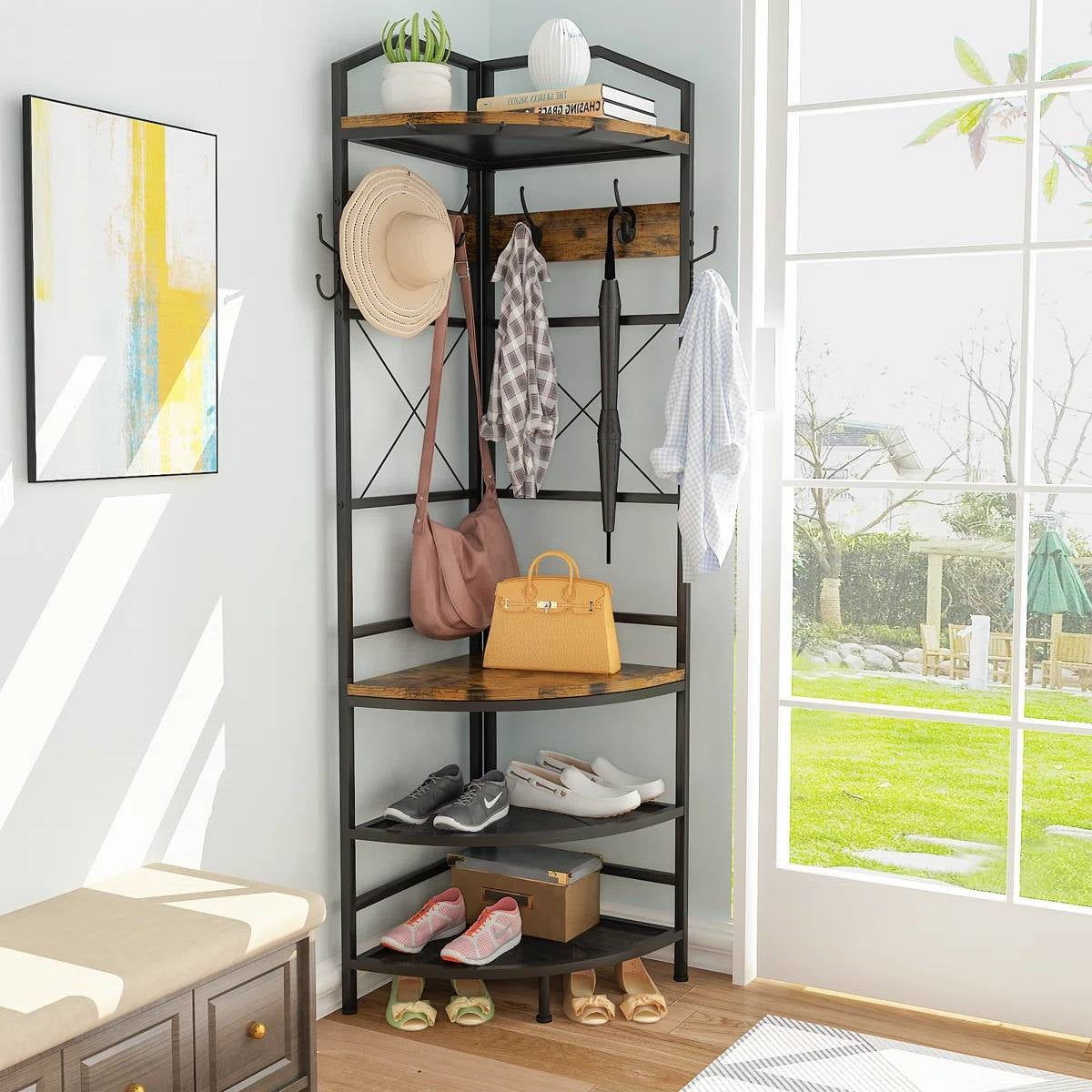 Industrial Metal/Wood Corner Hall Tree Shoe Storage Bench Coat Rack FastFurnishings