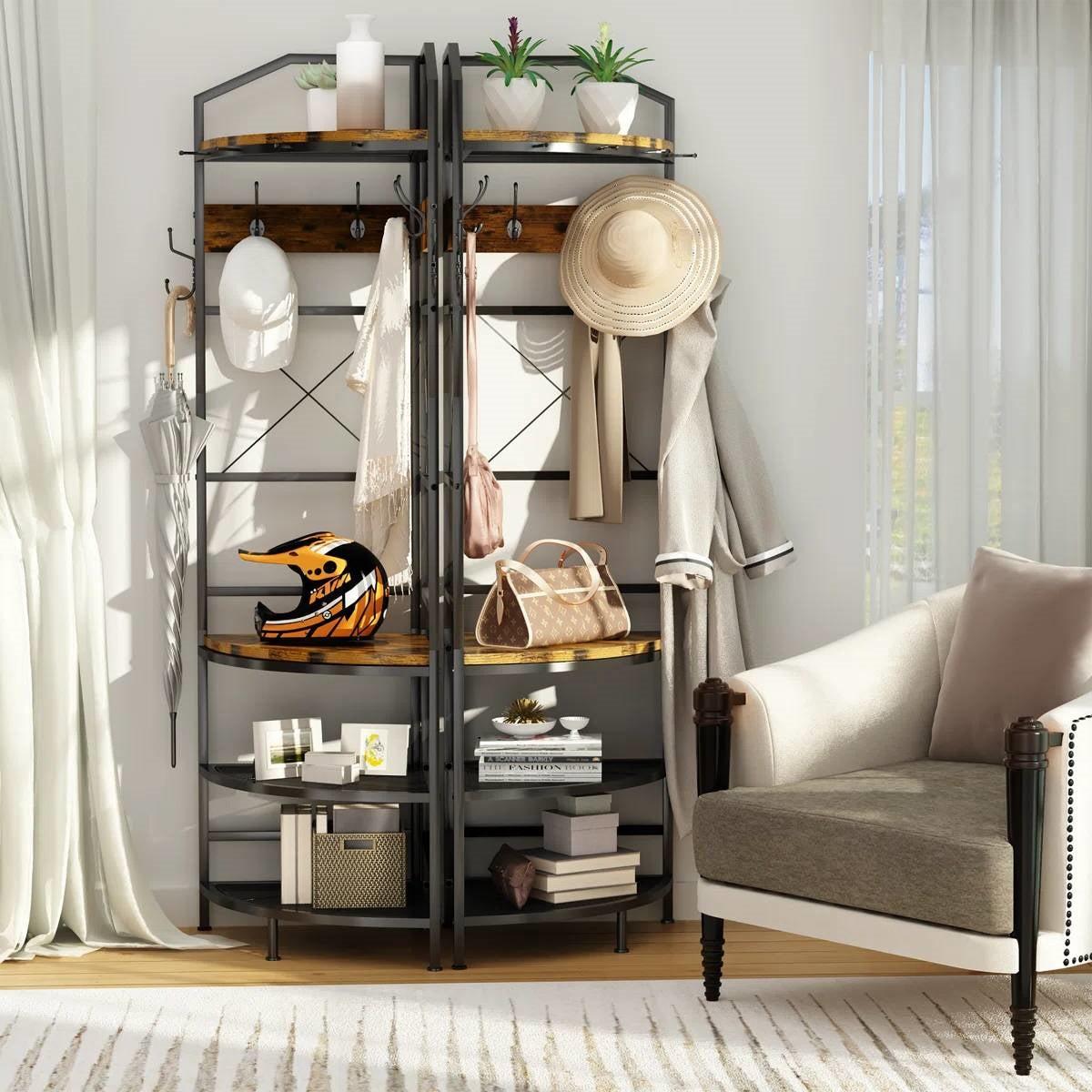 Industrial Metal/Wood Corner Hall Tree Shoe Storage Bench Coat Rack FastFurnishings