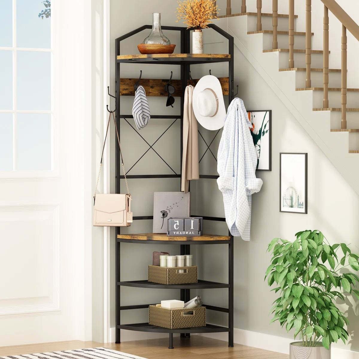 Industrial Metal/Wood Corner Hall Tree Shoe Storage Bench Coat Rack FastFurnishings