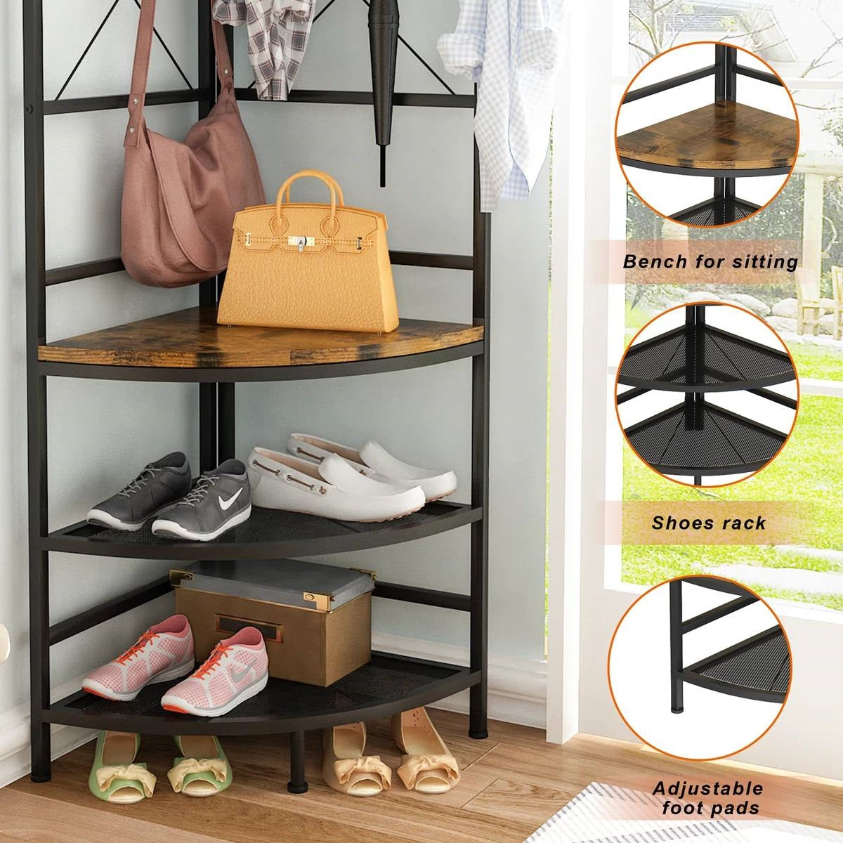 Industrial Metal/Wood Corner Hall Tree Shoe Storage Bench Coat Rack FastFurnishings