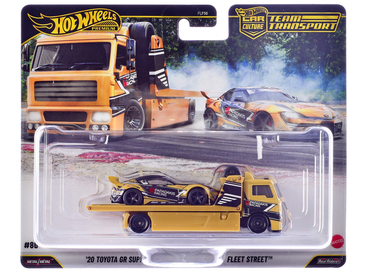 Fleet Street Flatbed Truck Yellow with Graphics and 2020 Toyota GR Supra #15 Yellow with Black Graphics "Papadakis Racing" "Team Transport - Car Culture" Series Diecast Model Cars by Hot Wheels Hotwheels