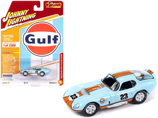 1965 Shelby Cobra Daytona Coupe #23 Light Blue with Orange Stripes "Gulf Oil" "Classic Gold Collection" 2023 Release 2 Limited Edition to 3388 pieces Worldwide 1/64 Diecast Model Car by Johnny Lightning