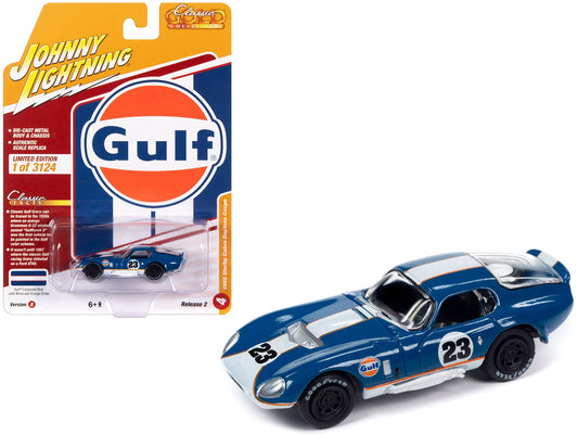1965 Shelby Cobra Daytona Coupe #23 Dark Blue with White and Orange Stripes "Gulf Oil" "Classic Gold Collection" 2023 Release 2 Limited Edition to 3124 pieces Worldwide 1/64 Diecast Model Car by Johnny Lightning