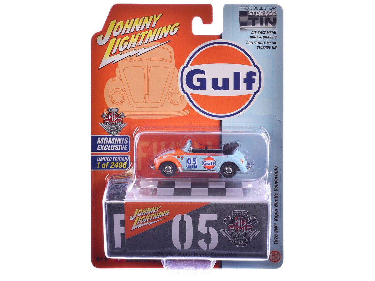 1975 Volkswagen Super Beetle Convertible #05 "Gulf Oil" Light Blue and Orange "MGMinis Exclusive" Series Limited Edition to 2496 pieces Worldwide 1/64 Diecast Model Car by Johnny Lightning Johnny Lightning