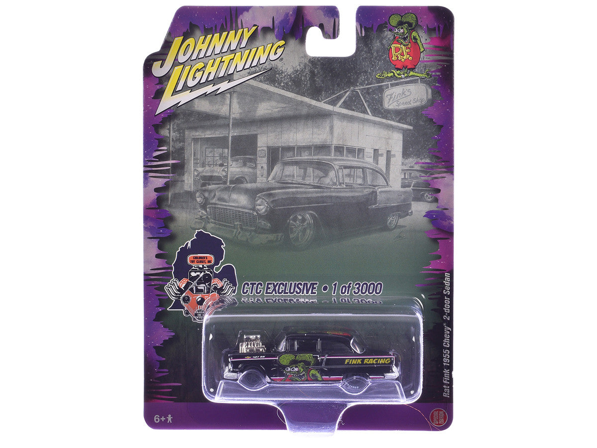 1955 Chevrolet 2-Door Sedan "Rat Fink Racing" Black with Graphics "CTC Exclusive" Series Limited Edition to 3000 pieces Worldwide 1/64 Diecast Model Car by Johnny Lightning Johnny Lightning