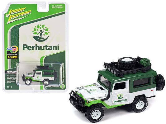 1980 Toyota Land Cruiser White and Green "Perhutani" with Roof Rack Limited Edition to 2496 pieces Worldwide 1/64 Diecast Model Car by Johnny Lightning