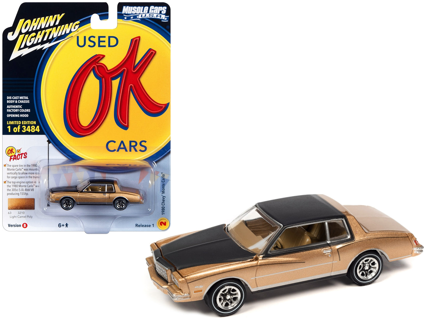 1980 Chevrolet Monte Carlo Light Camel Gold Metallic with Black Top and Hood Limited Edition to 3484 pieces Worldwide "OK Used Cars" 2023 Series 1/64 Diecast Model Car by Johnny Lightning