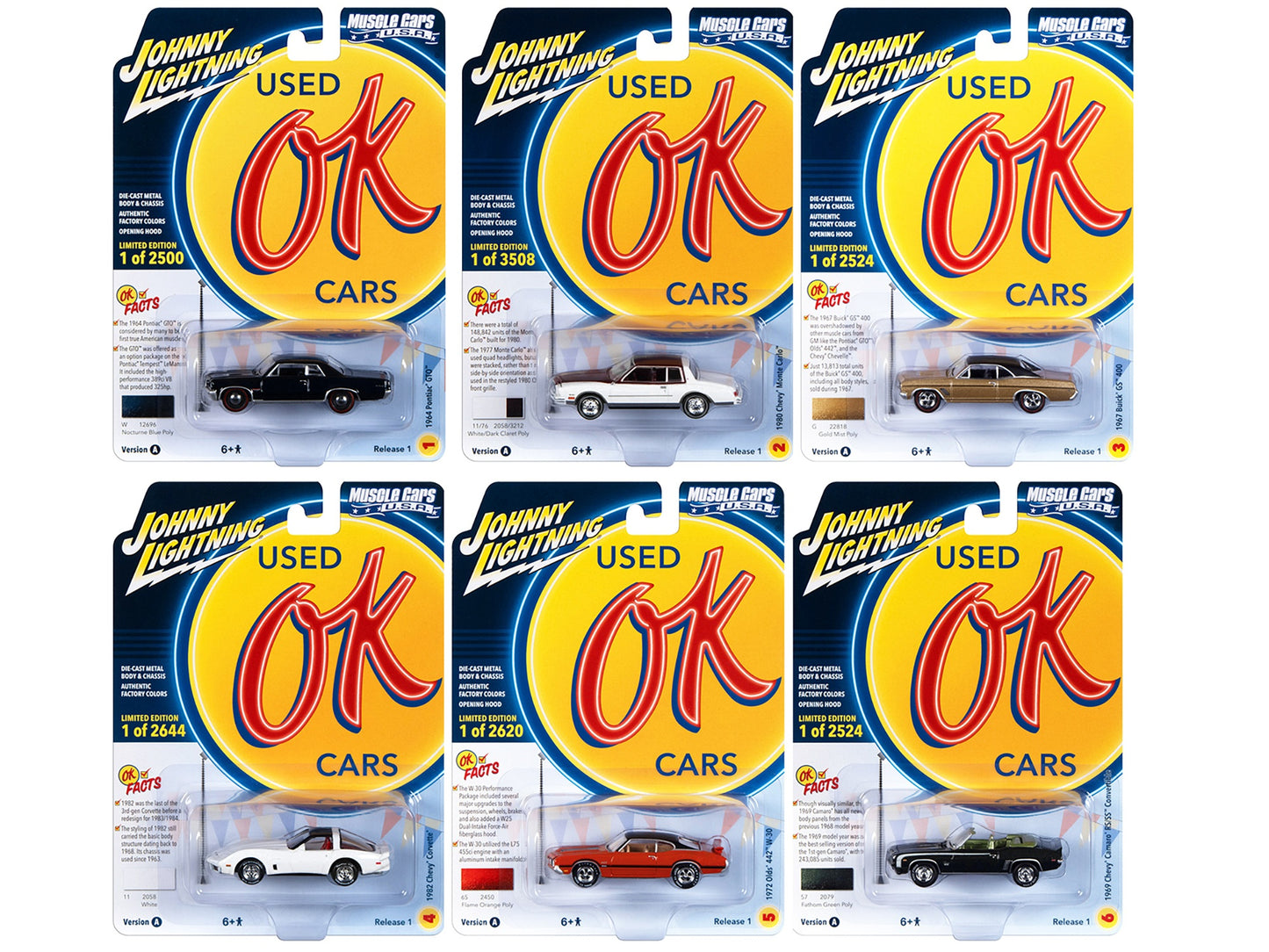 "Muscle Cars USA" 2023 Set A of 6 pieces Release 1 "OK Used Cars" 1/64 Diecast Model Cars by Johnny Lightning