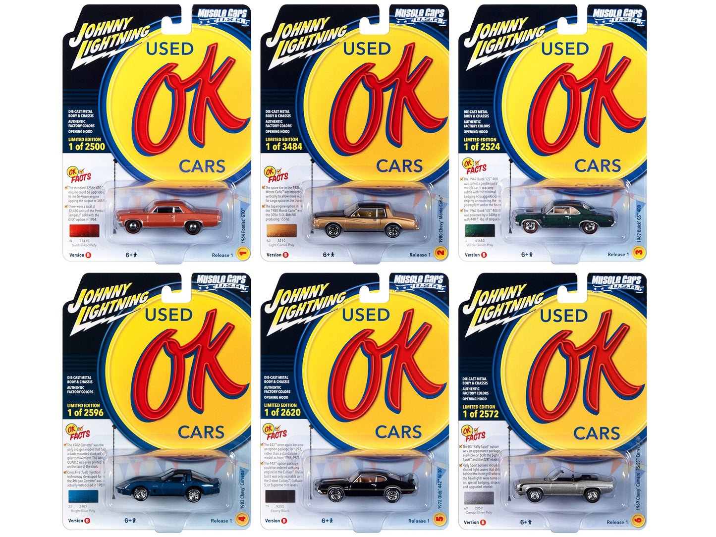 "Muscle Cars USA" 2023 Set B of 6 pieces Release 1 "OK Used Cars" 1/64 Diecast Model Cars by Johnny Lightning