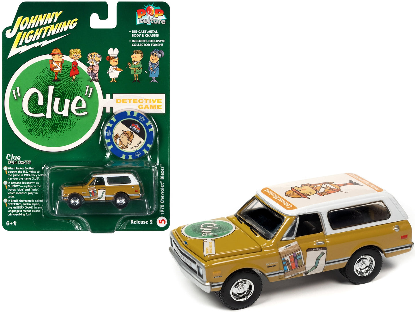 1970 Chevrolet Blazer Mustard Yellow with White Top (Colonel Mustard) w/Poker Chip Collector's Token "Vintage Clue" "Pop Culture" 2022 Release 2 1/64 Diecast Model Car by Johnny Lightning