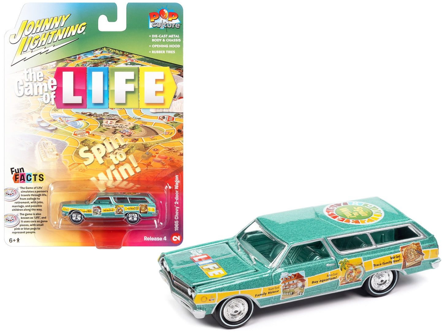 1965 Chevrolet 2-Door Station Wagon Turquoise Metallic "The Game of Life" "Pop Culture" 2022 Release 4 1/64 Diecast Model Car by Johnny Lightning
