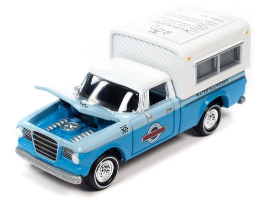 1960 Studebaker Pickup Truck Light Blue and Blue Two-Tone with Camper "Water Works" with Game Token "Monopoly" "Pop Culture" 2023 Release 2 1/64 Diecast Model Car by Johnny Lightning