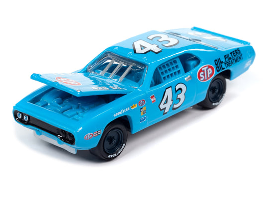 1972 Plymouth Road Runner Stock Car #43 Richard Petty "STP" Blue "Pop Culture" 2023 Release 3 1/64 Diecast Model Car by Johnny Lightning