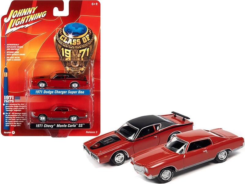 1971 Dodge Charger Super Bee Red with Black Top and 1971 Chevrolet Monte Carlo SS Cranberry Red "Class of 1971" Set of 2 Cars 1/64 Diecast Model Cars by Johnny Lightning
