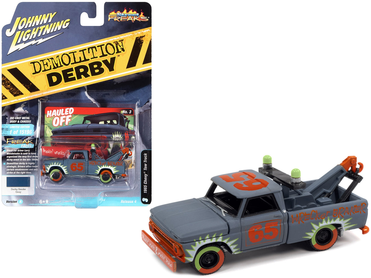 1965 Chevrolet Tow Truck #65 Derby Smoke Gray with Graphics "Demolition Derby" "Street Freaks" Series Limited Edition to 15196 pieces Worldwide 1/64 Diecast Model Car by Johnny Lightning
