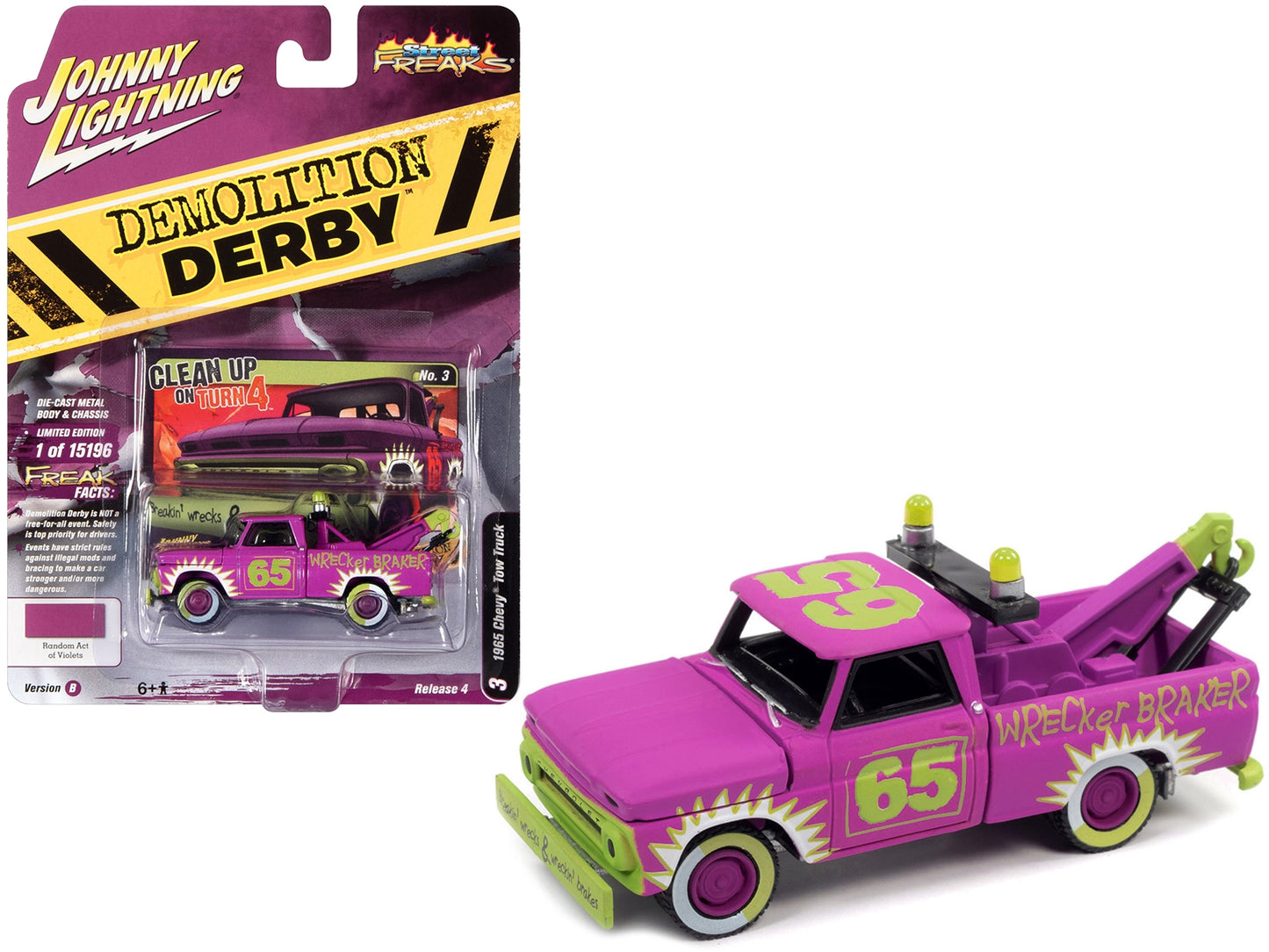 1965 Chevrolet Tow Truck #65 Random Acts of Violets Purple with Graphics "Demolition Derby" "Street Freaks" Series Limited Edition to 15196 pieces Worldwide 1/64 Diecast Model Car by Johnny Lightning