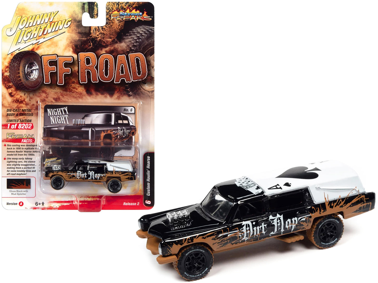 Haulin' Hearse Custom Black with Mud Graphics "Dirt Mop" "Off Road" Series Limited Edition to 8202 pieces Worldwide 1/64 Diecast Model Car by Johnny Lightning