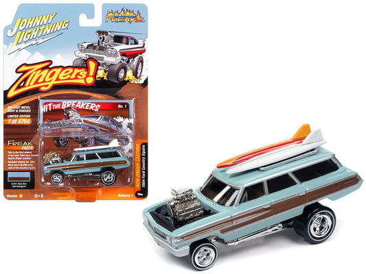 1964 Ford Country Squire Surfin' Baby Blue with Woodgrain Panels and Surfboard on Roof "Zingers!" Limited Edition to 4764 pieces Worldwide "Street Freaks" Series 1/64 Diecast Model Car by Johnny Lightning
