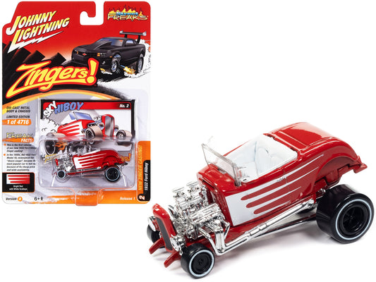 1932 Ford Hiboy "Sky Hiboy" Bright Red with White Graphics "Zingers!" Limited Edition to 4716 pieces Worldwide "Street Freaks" Series 1/64 Diecast Model Car by Johnny Lightning