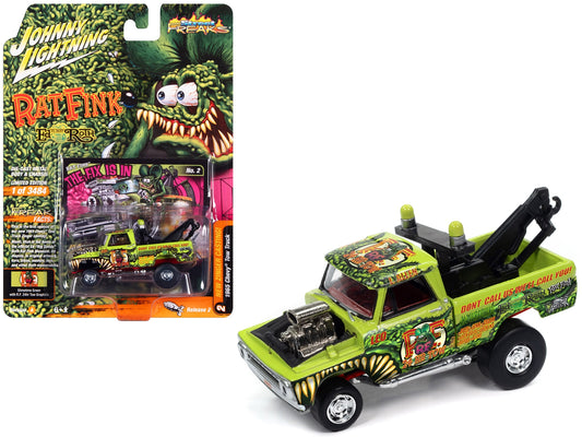 1965 Chevrolet Tow Truck "Rat Fink - The Fix Is In" Showtime Green with "Rat Fink" Graphics "Zingers!" Limited Edition to 3484 pieces Worldwide "Street Freaks" Series 1/64 Diecast Model Car by Johnny Lightning