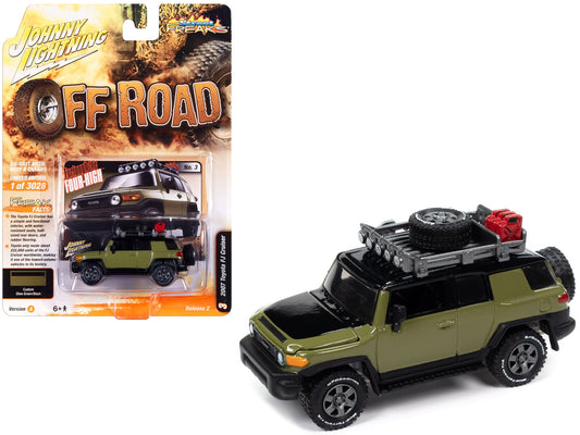 2007 Toyota FJ Cruiser "Furlough the Four-High" Olive Green with Black Hood and Top and Roof Rack "Off Road" Limited Edition to 3028 pieces Worldwide "Street Freaks" Series 1/64 Diecast Model Car by Johnny Lightning