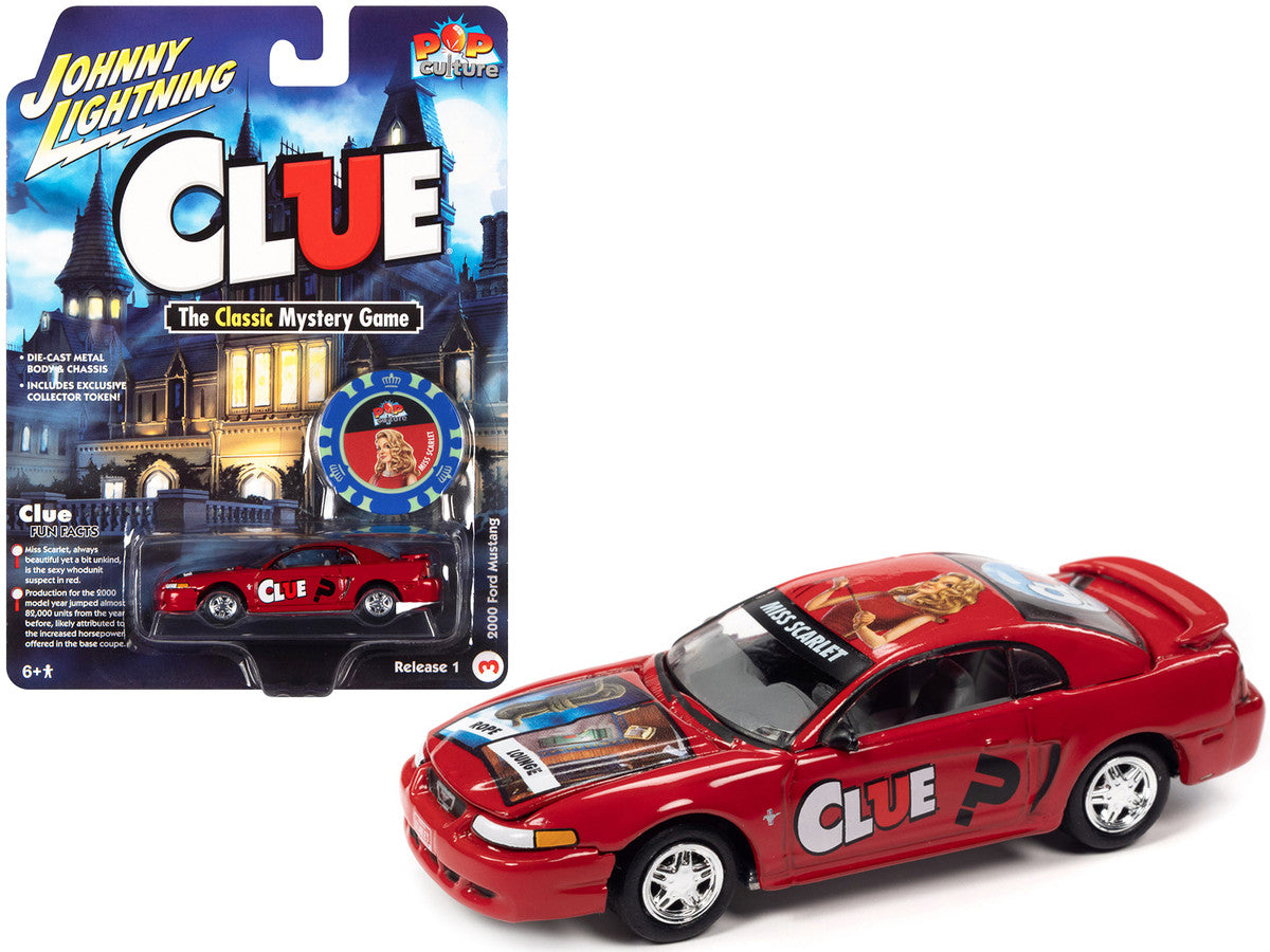 2000 Ford Mustang "Miss Scarlet" Red with Graphics with Poker Chip (Collector Token) "Modern Clue" "Pop Culture" 2022 Release 1 1/64 Diecast Model Car by Johnny Lightning Johnny Lightning