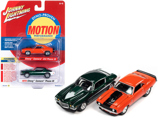 1969 Chevrolet Camaro ZLX Phase III Hugger Orange with Black Stripes and 1973 Chevrolet Camaro Phase III Dark Green Metallic and White "Baldwin Motion" Set of 2 Cars 1/64 Diecast Model Cars by Johnny Lightning Johnny Lightning