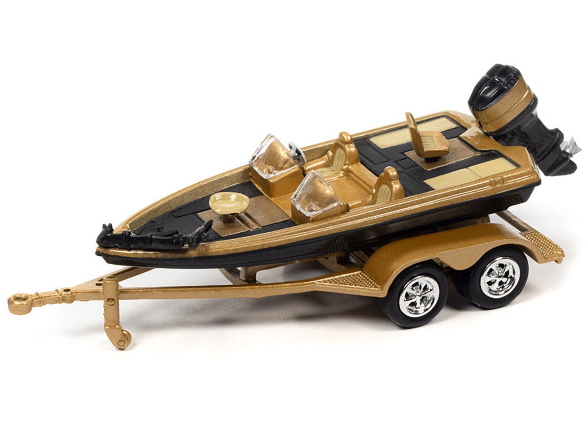 1980 Chevrolet Monte Carlo Light Camel Gold Metallic with Bass Boat and Trailer Limited Edition to 7264 pieces Worldwide "Tow & Go" Series 1/64 Diecast Model Car by Johnny Lightning-1