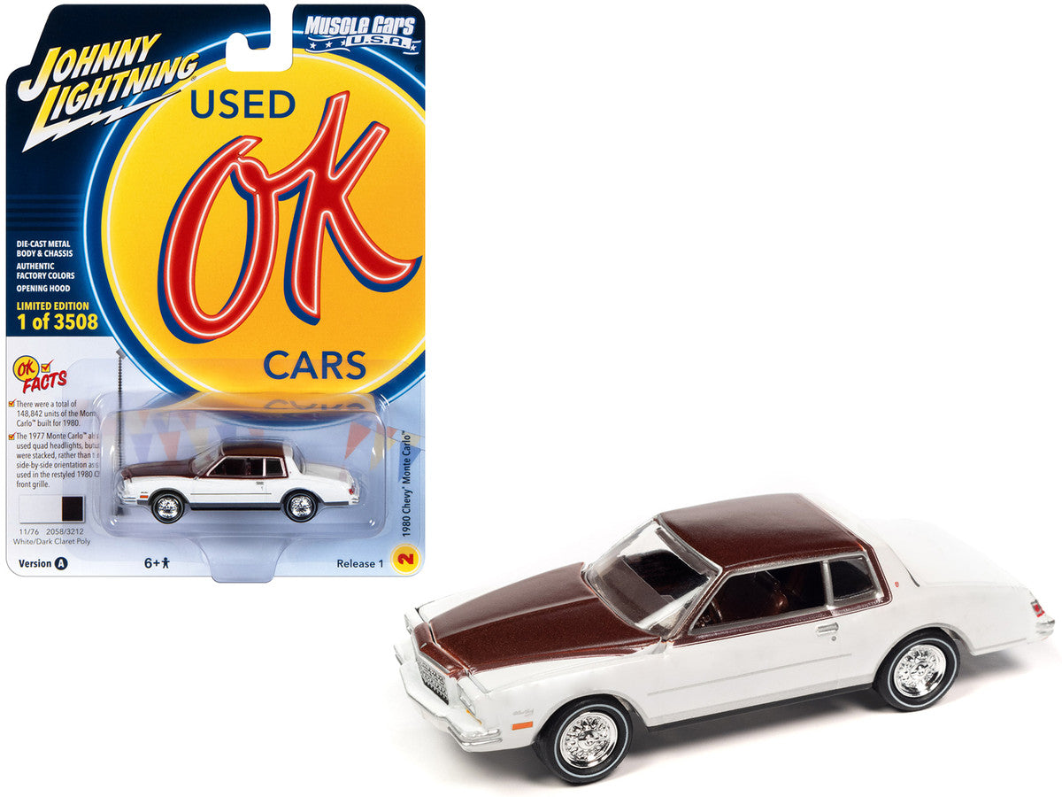 1980 Chevrolet Monte Carlo White and Dark Claret Brown Metallic Top and Hood Limited Edition to 3508 pieces Worldwide "OK Used Cars" 2023 Series 1/64 Diecast Model Car by Johnny Lightning-0