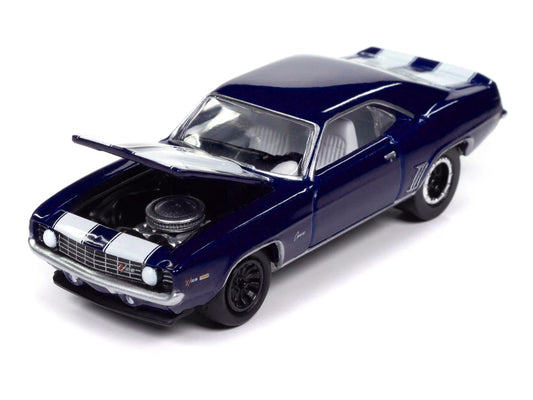 1969 Chevrolet Camaro Z28 Blue Metallic with White Stripes and Interior "Muscle Cars USA" Series 1/64 Diecast Model Car by Johnny Lightning-1