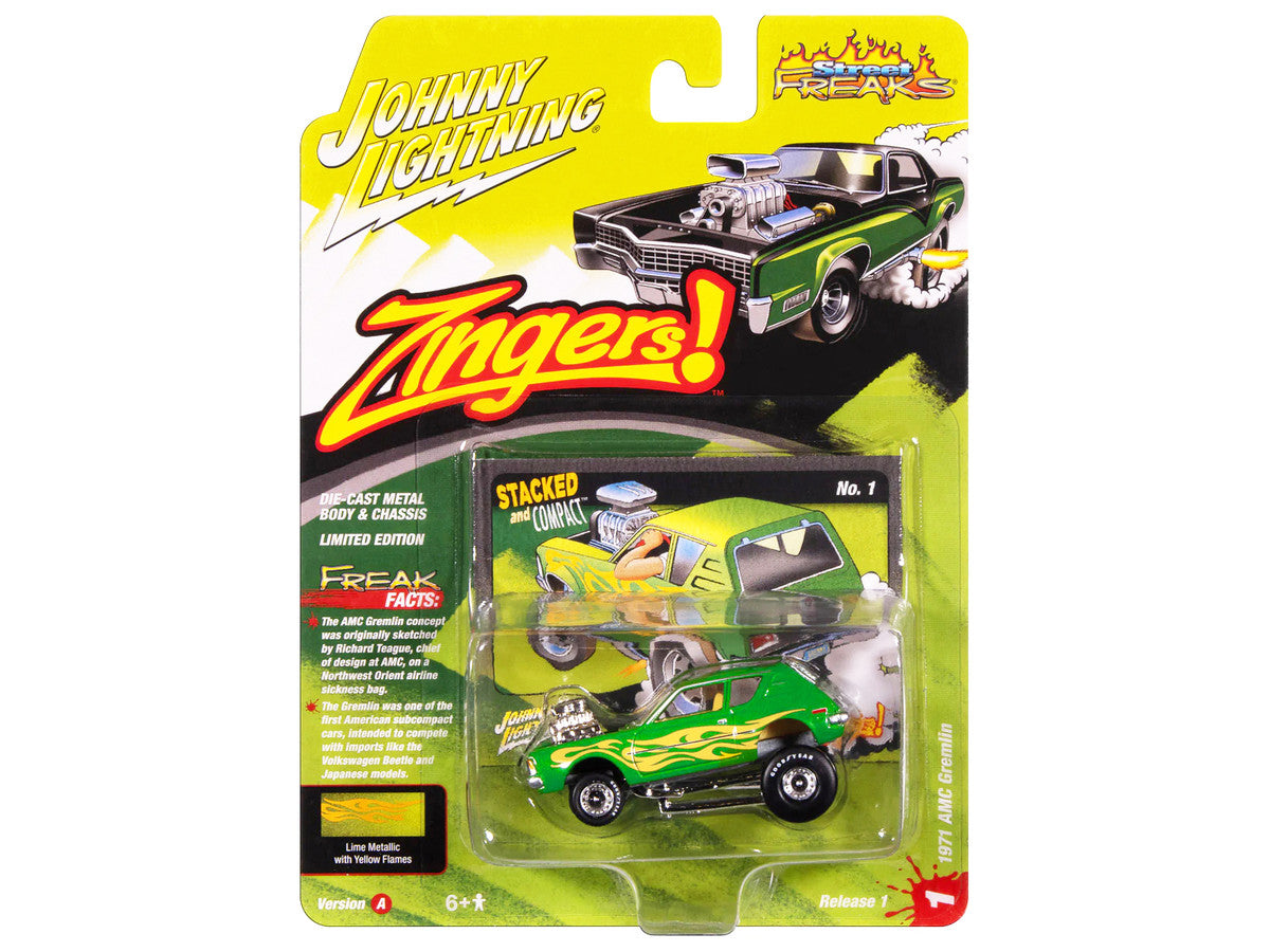 1971 AMC Gremlin Lime Green Metallic with Yellow Flames and Interior "Zingers!" Series 1/64 Diecast Model Car by Johnny Lightning Johnny Lightning