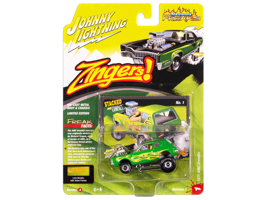 1971 AMC Gremlin Lime Green Metallic with Yellow Flames and Interior "Zingers!" Series 1/64 Diecast Model Car by Johnny Lightning Johnny Lightning