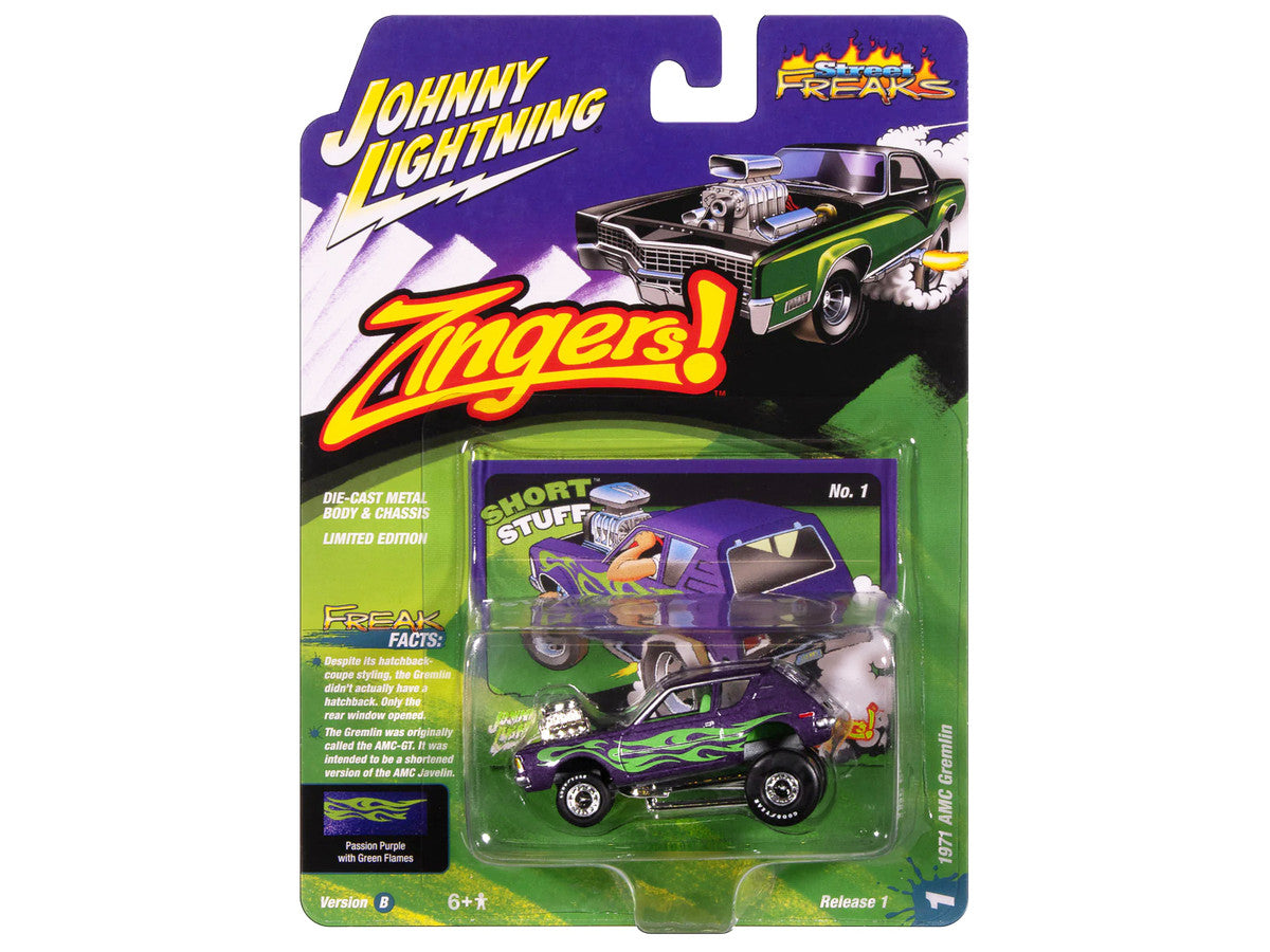 1971 AMC Gremlin Passion Purple Metallic with Green Flames and Interior "Zingers!" Series 1/64 Diecast Model Car by Johnny Lightning Johnny Lightning
