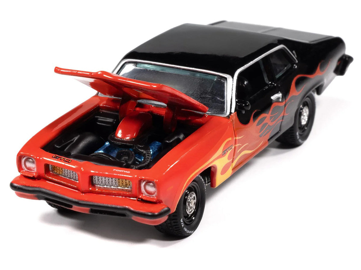 1974 Pontiac GTO Black and Red with Flame Graphics "Black with Flames" Series 1/64 Diecast Model Car by Johnny Lightning Johnny Lightning