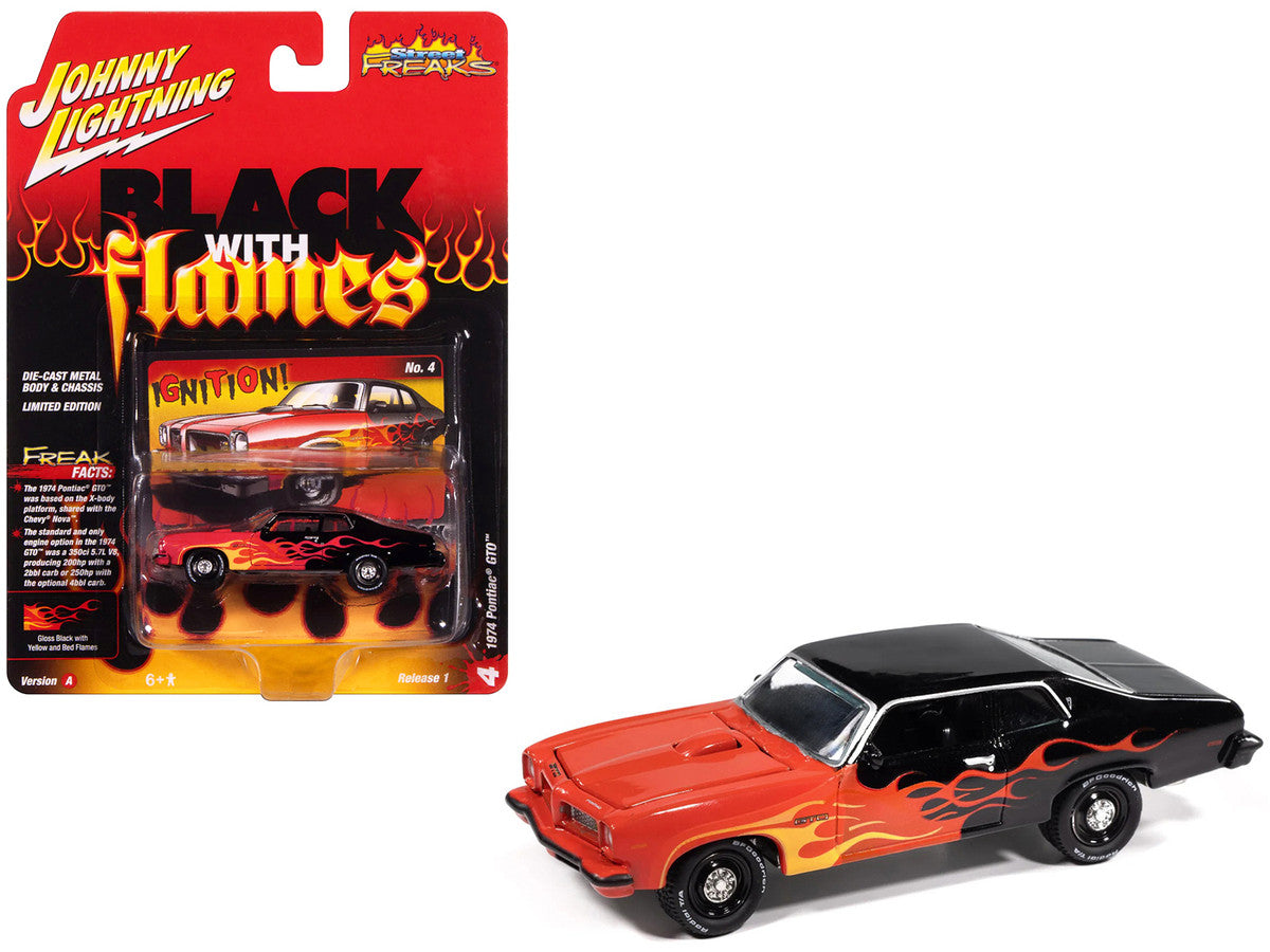 1974 Pontiac GTO Black and Red with Flame Graphics "Black with Flames" Series 1/64 Diecast Model Car by Johnny Lightning Johnny Lightning
