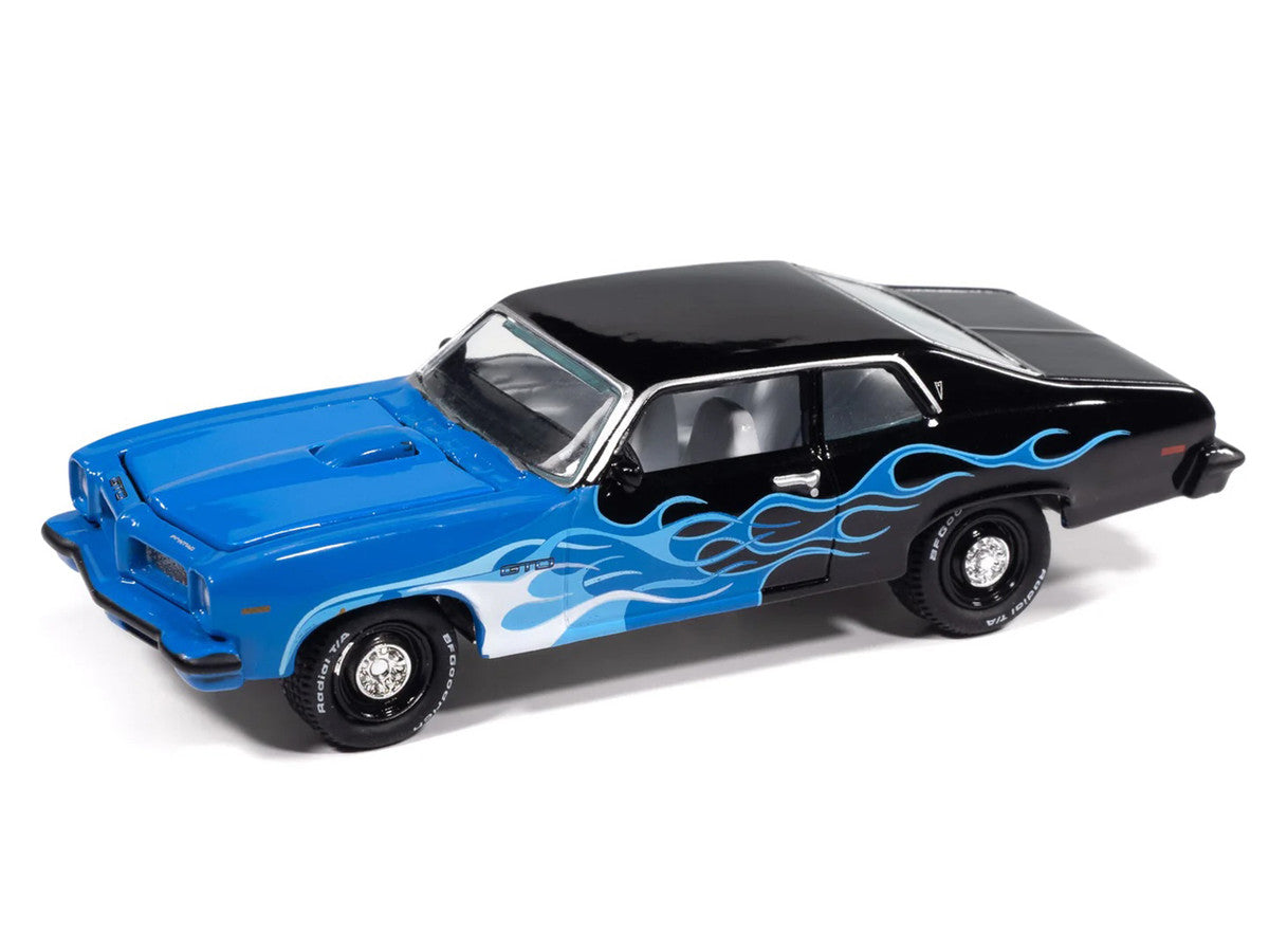 1974 Pontiac GTO Black and Blue with Blue Flame Graphics with White Interior "Black with Flames" Series 1/64 Diecast Model Car by Johnny Lightning Johnny Lightning
