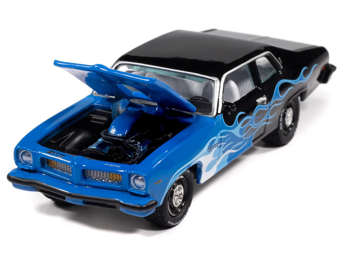 1974 Pontiac GTO Black and Blue with Blue Flame Graphics with White Interior "Black with Flames" Series 1/64 Diecast Model Car by Johnny Lightning Johnny Lightning