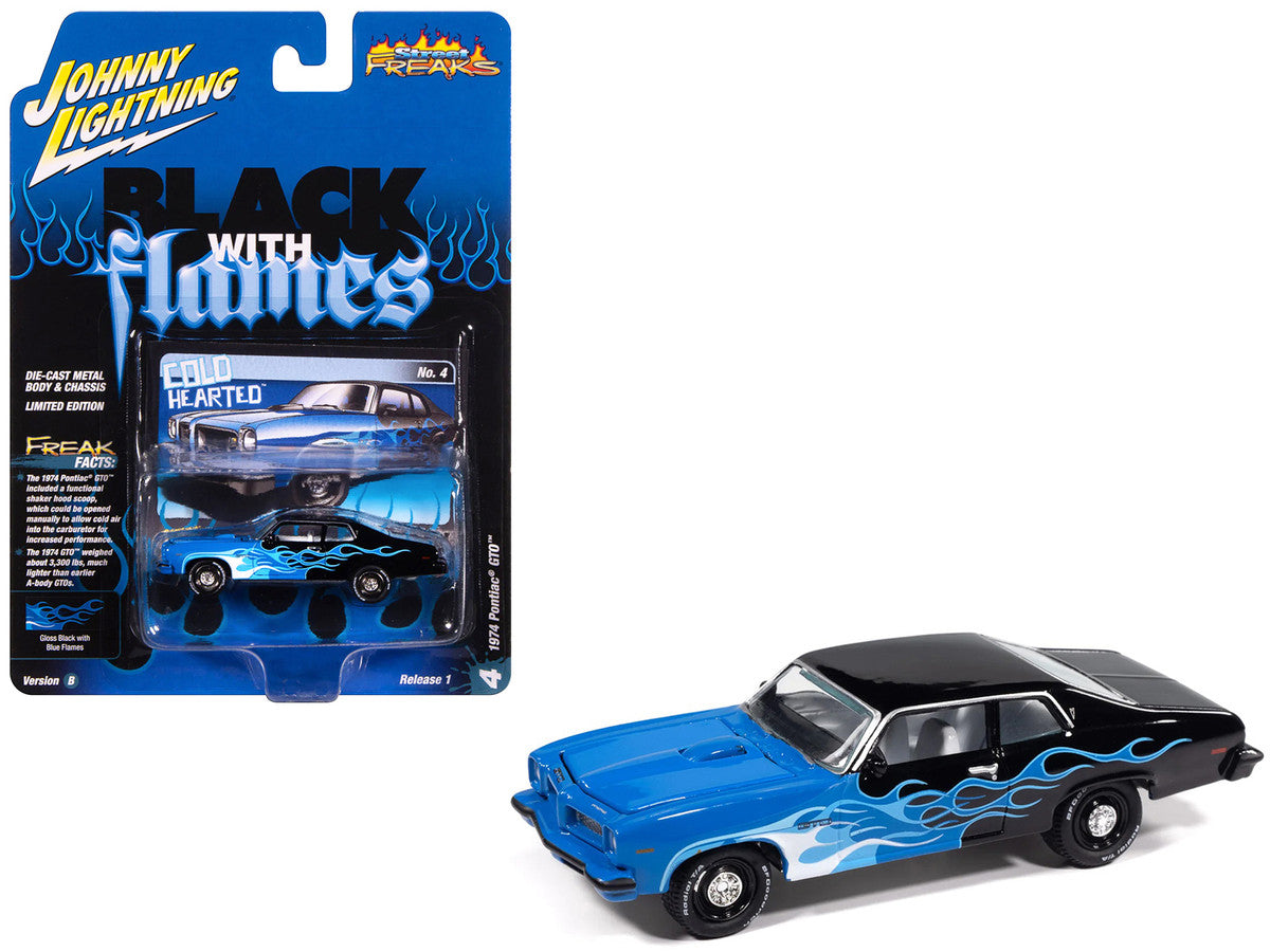1974 Pontiac GTO Black and Blue with Blue Flame Graphics with White Interior "Black with Flames" Series 1/64 Diecast Model Car by Johnny Lightning Johnny Lightning